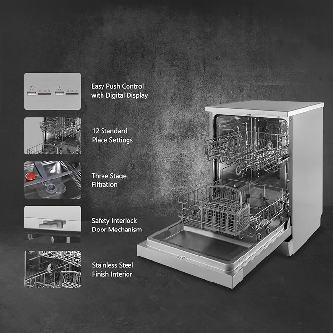 KAFF Centra 12 Place Settings Free Standing Dishwasher with Digital Display, 3 Stage Filtration (DW Centra 60, Silver)