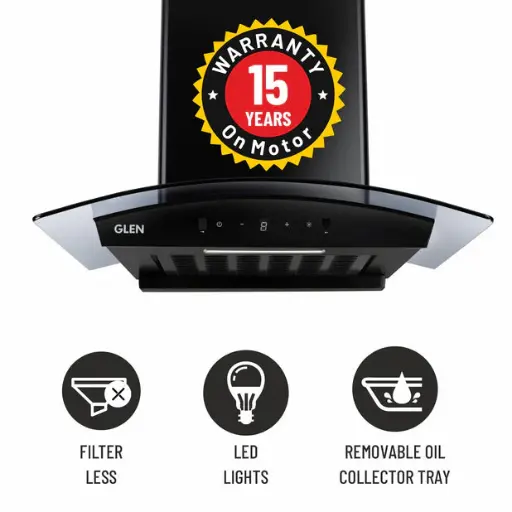 [GLEN-chimney] Auto Clean Curved Glass Filter-less Kitchen Chimney, Motion Sensor control with Digital Display 1500 m3/h (6059 DI BL AC)